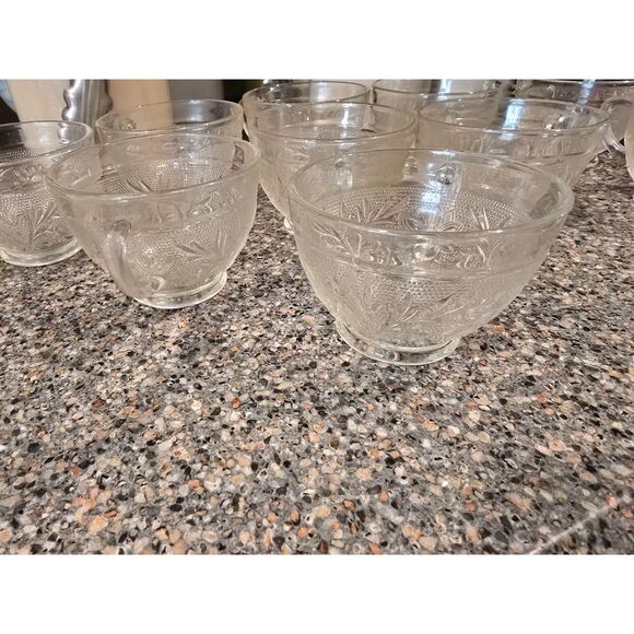 VTG Anchor Hocking Sandwich Glass Punch Bowl Set w 12 Punch Bowl Glasses Handled - Picture 3 of 5